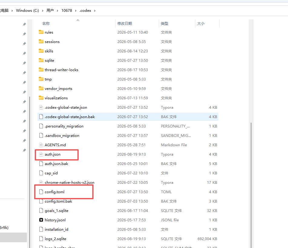 找到 config.toml 和 auth.json